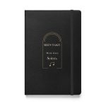 Schwarzes Hardcover-Notizbuch mit cremefarbener Serifenschrift, Art-Deco-Bögen und Notenmotiv, Vorderseite