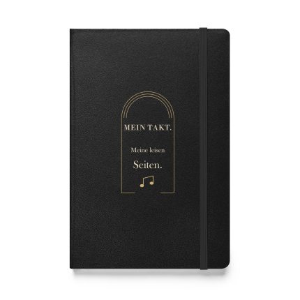 Schwarzes Hardcover-Notizbuch mit cremefarbener Serifenschrift, Art-Deco-Bögen und Notenmotiv, Vorderseite
