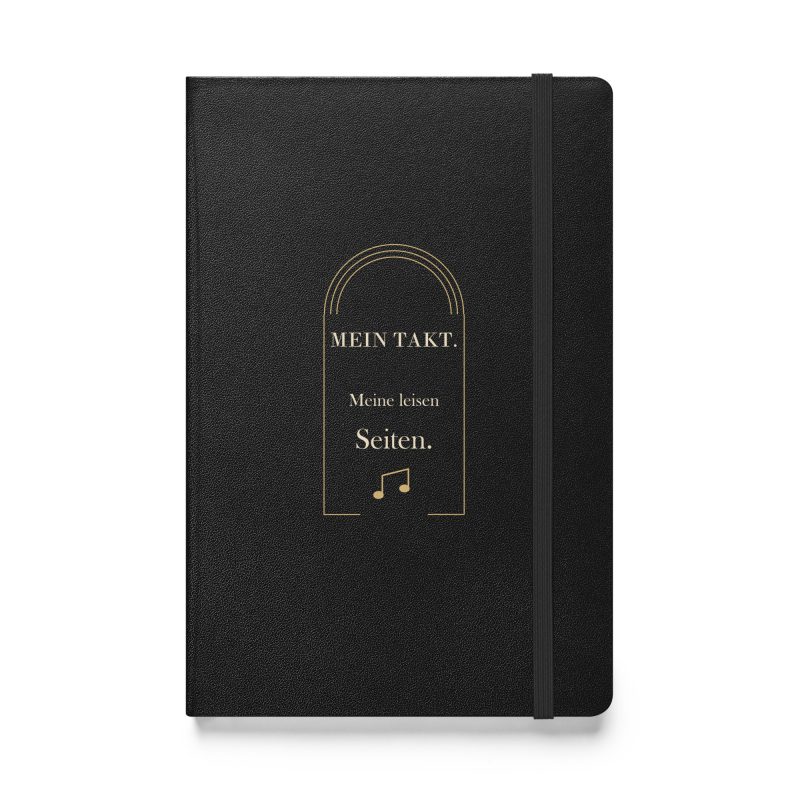Schwarzes Hardcover-Notizbuch mit cremefarbener Serifenschrift, Art-Deco-Bögen und Notenmotiv, Vorderseite