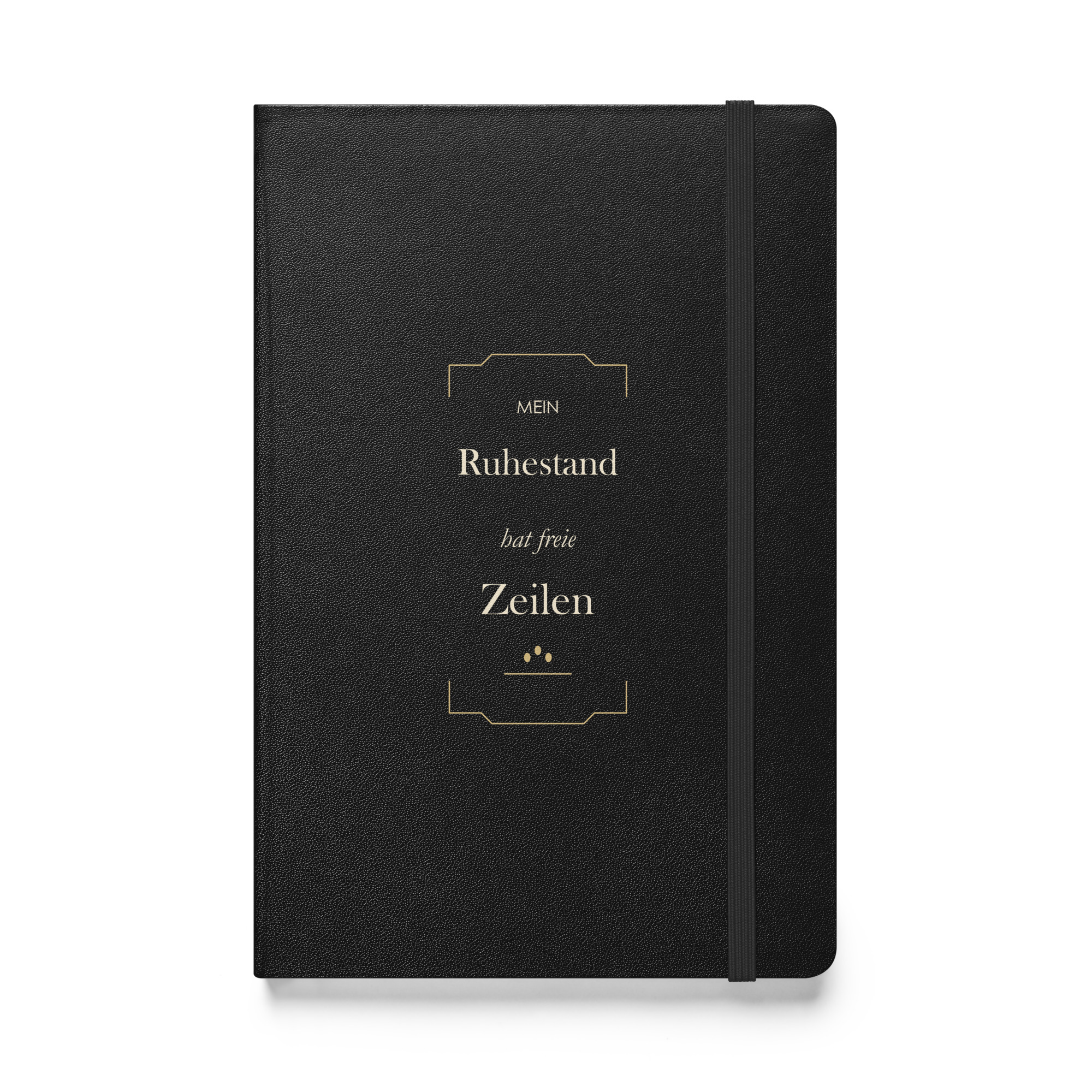 hardcover-bound-notebook-black-front-6ae0450691de7.jpg Schwarzes Hardcover-Notizbuch „Mein Ruhestand hat freie Zeilen“, Vorderseite
