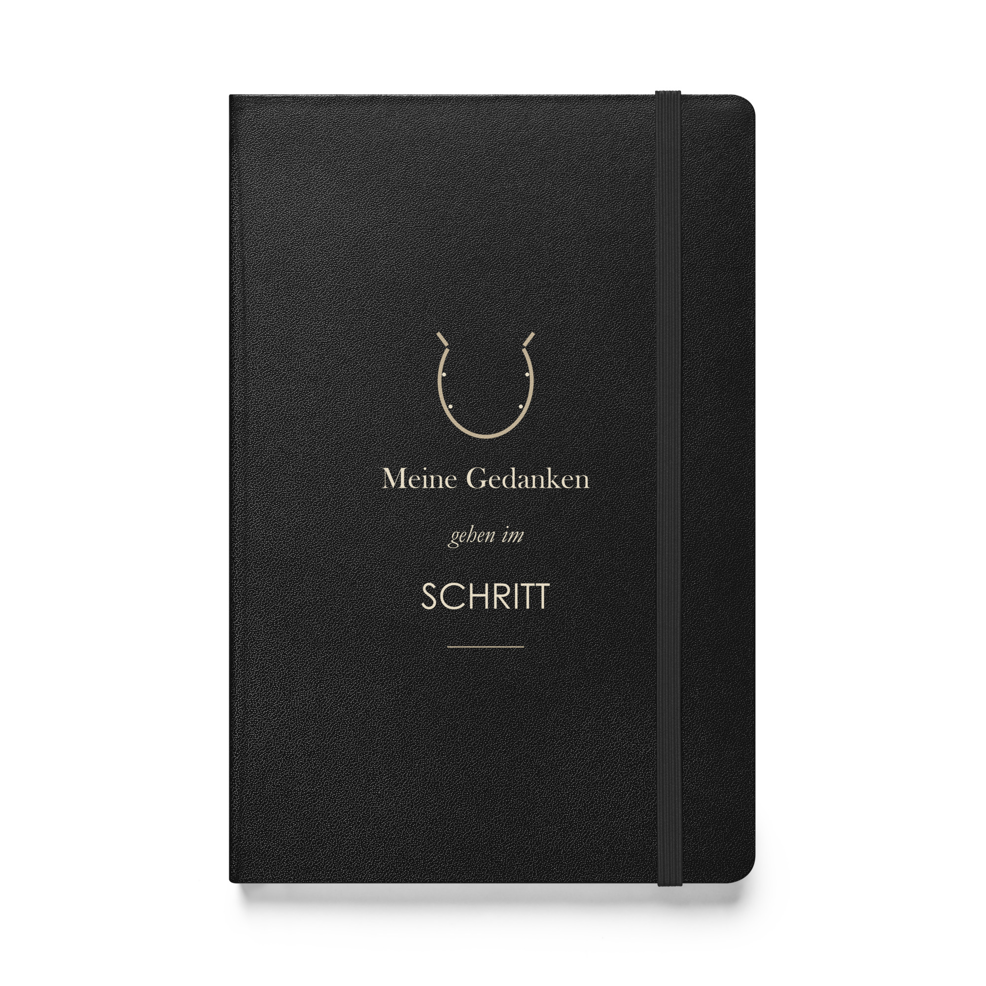 hardcover-bound-notebook-black-front-6ae0aad421ba9.jpg Schwarzes Hardcover-Notizbuch „Meine Gedanken gehen im Schritt“, Vorderseite