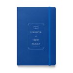 Blaues Hardcover-Notizbuch „Leseglück und eigene Zeilen“ mit elfenbeinfarbener Schrift, Buchsymbol und hellblauem Rahmen, Vorderansicht.