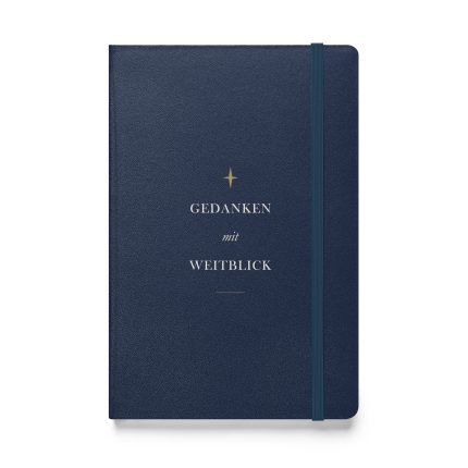 Marineblaues Hardcover-Notizbuch „Gedanken mit Weitblick“ mit elfenbeinfarbener Typografie und goldfarbenem Kompassornament, Vorderansicht.