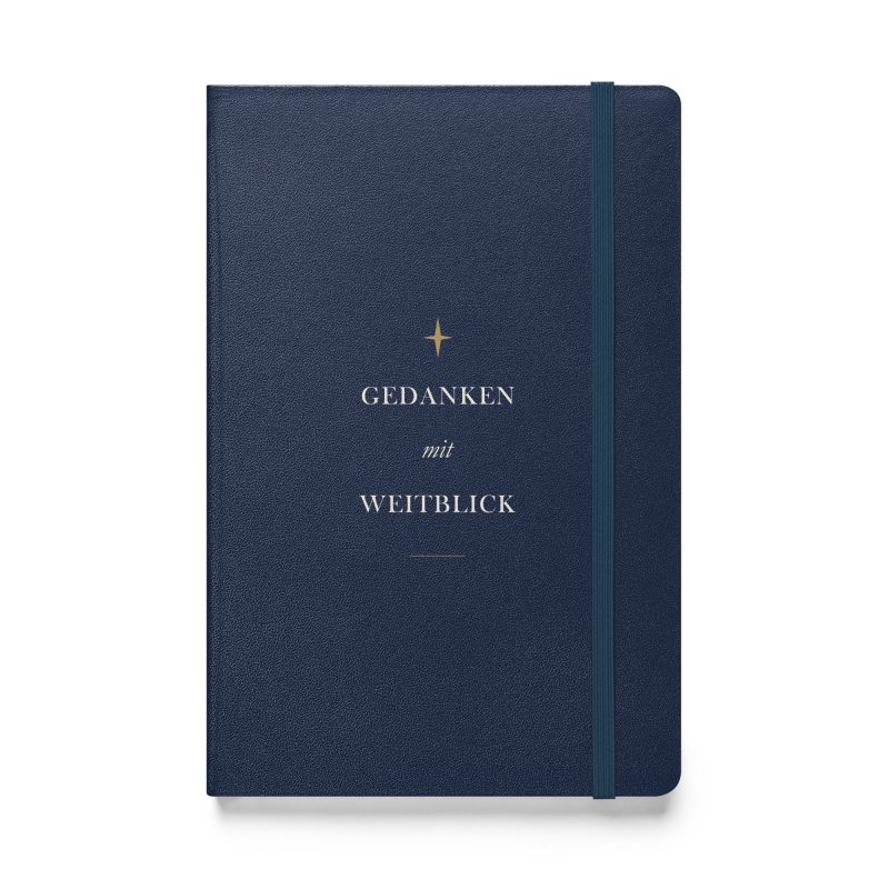 Marineblaues Hardcover-Notizbuch „Gedanken mit Weitblick“ mit elfenbeinfarbener Typografie und goldfarbenem Kompassornament, Vorderansicht.
