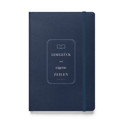 Marineblaues Hardcover-Notizbuch „Leseglück und eigene Zeilen“ mit elfenbeinfarbener Schrift, Buchsymbol und hellblauem Rahmen, Vorderansicht.