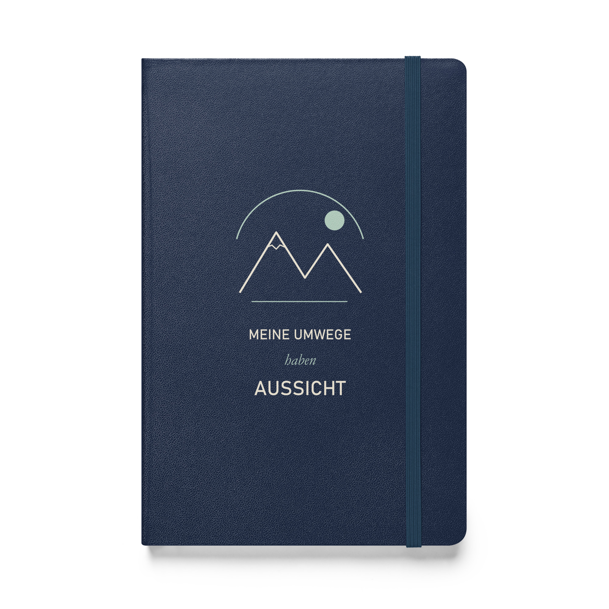 hardcover-bound-notebook-navy-front-6adf9383bba4c.jpg Marineblaues Hardcover-Notizbuch „Meine Umwege haben Aussicht“ mit cremefarbenen Bergen und salbeigrüner Sonne