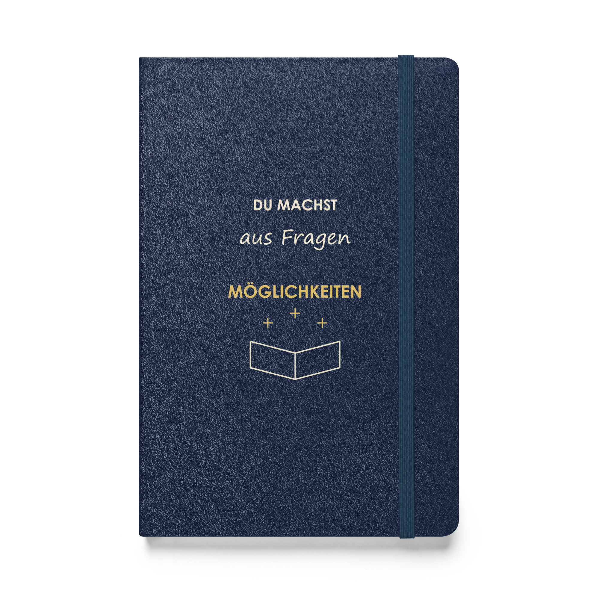 hardcover-bound-notebook-navy-front-6adf9644b900e.jpg Marineblaues Hardcover-Notizbuch „Du machst aus Fragen Möglichkeiten“ mit offenem Buch und kleinen Strahlen