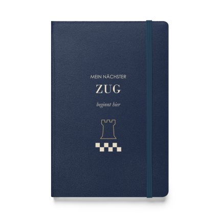 Dunkelblaues Hardcover-Notizbuch „Mein nächster Zug beginnt hier“, Vorderseite
