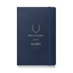 Dunkelblaues Hardcover-Notizbuch „Meine Gedanken gehen im Schritt“ mit heller Schrift und Hufeisenmotiv
