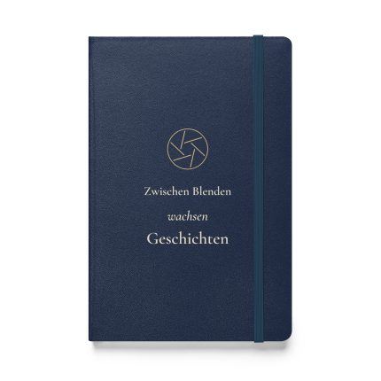 Notizbuch für Fotografen in Navy mit cremefarbener Schrift und goldenem Blendenmotiv – Vorderansicht