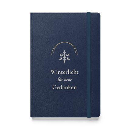 Hardcover-Notizbuch in Navy „Winterlicht für neue Gedanken“ mit cremefarbenem Schneekristall und goldfarbenen Bögen – Vorderansicht
