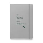 Silberfarbenes Hardcover-Notizbuch „Für Beete voller Möglichkeiten“ mit dunkelgrüner Typografie – Vorderansicht