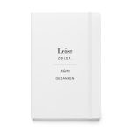 Weißes Hardcover-Notizbuch „Leise Zeilen, klare Gedanken“ mit dunkler Typografie und goldfarbener Linie, Vorderansicht.