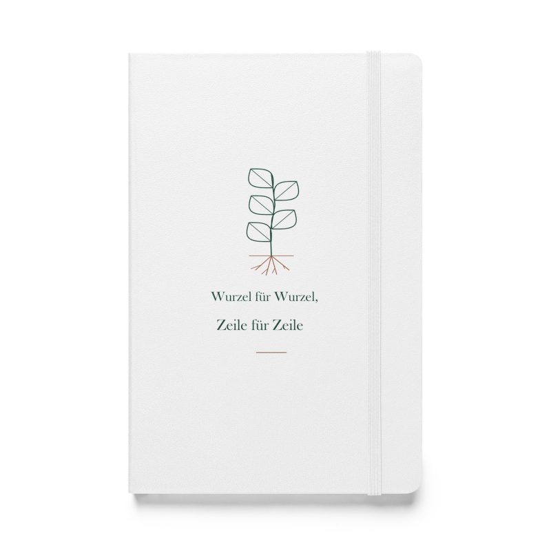 Weißes botanisches Hardcover-Notizbuch „Wurzel für Wurzel, Zeile für Zeile“ mit grüner Linienzeichnung