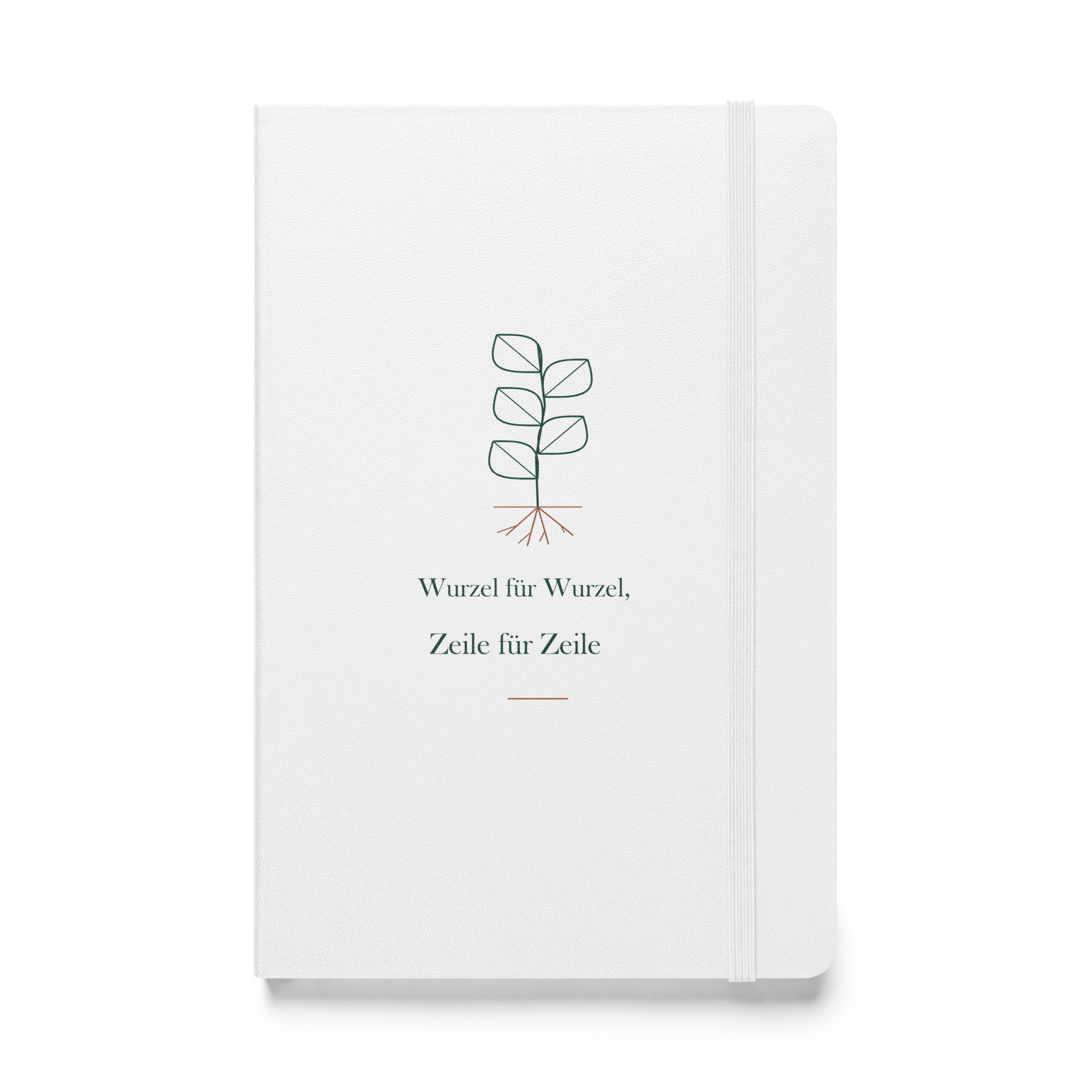hardcover-bound-notebook-white-front-6adf018677880.jpg Weißes botanisches Hardcover-Notizbuch „Wurzel für Wurzel, Zeile für Zeile“ mit grüner Linienzeichnung