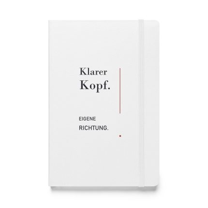 Weißes minimalistisches Hardcover-Notizbuch mit dunkler Serifenschrift, korallfarbener Linie und Punkt