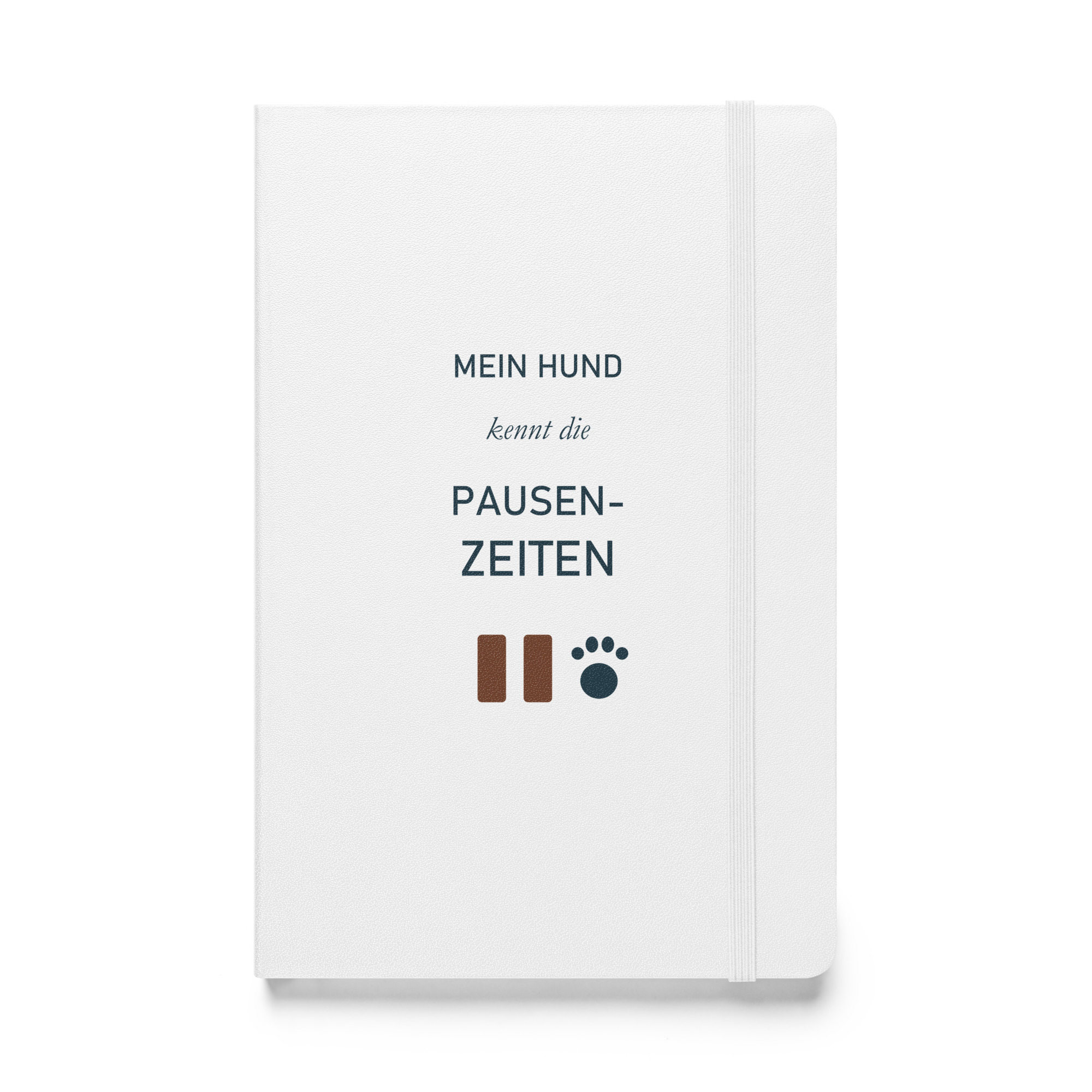 hardcover-bound-notebook-white-front-6adffb1c760de.jpg Weißes Hardcover-Notizbuch „Mein Hund kennt die Pausenzeiten“, Vorderseite