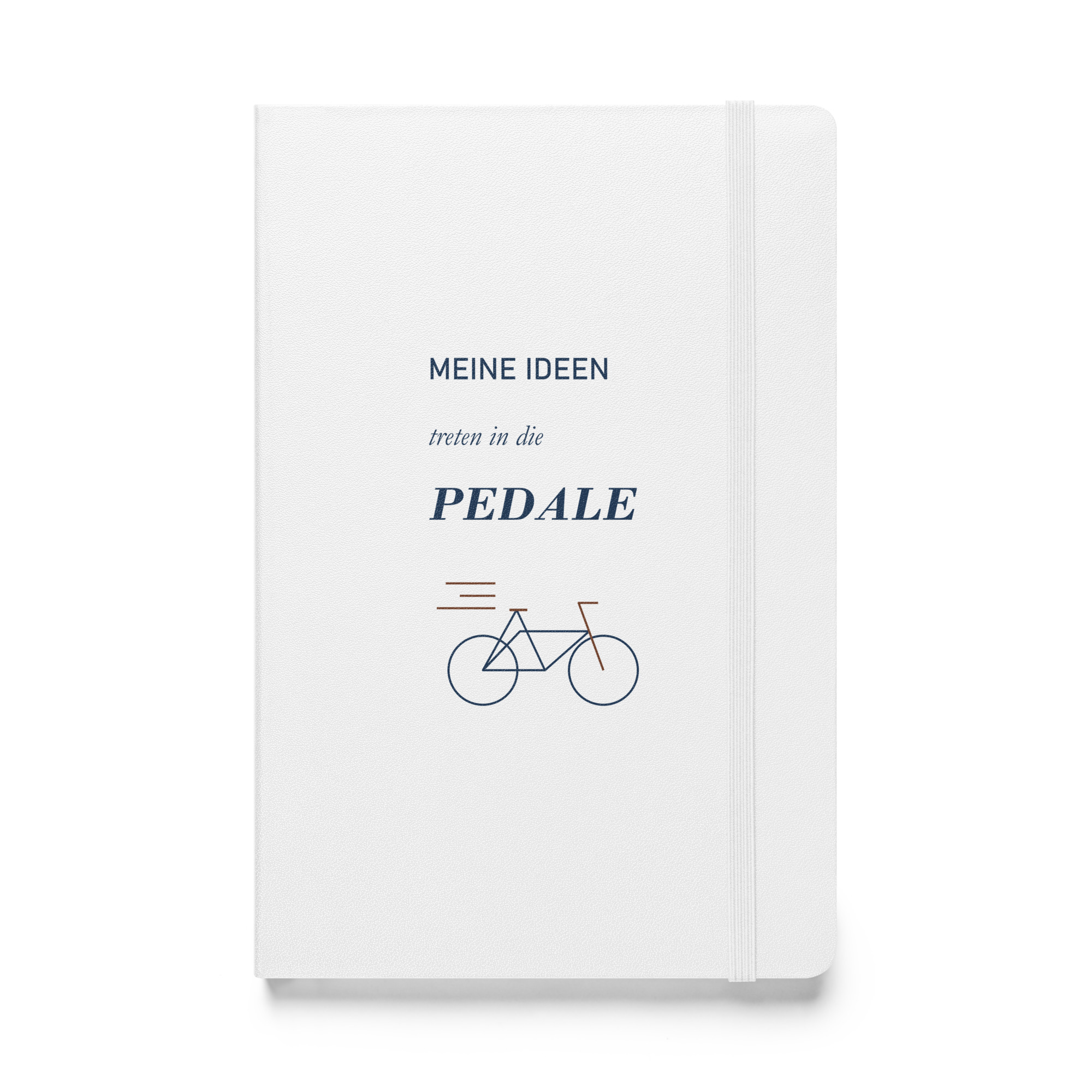 hardcover-bound-notebook-white-front-6ae044309f592.jpg Weißes Hardcover-Notizbuch mit dunkelblauer Typografie und Fahrradmotiv, Vorderseite