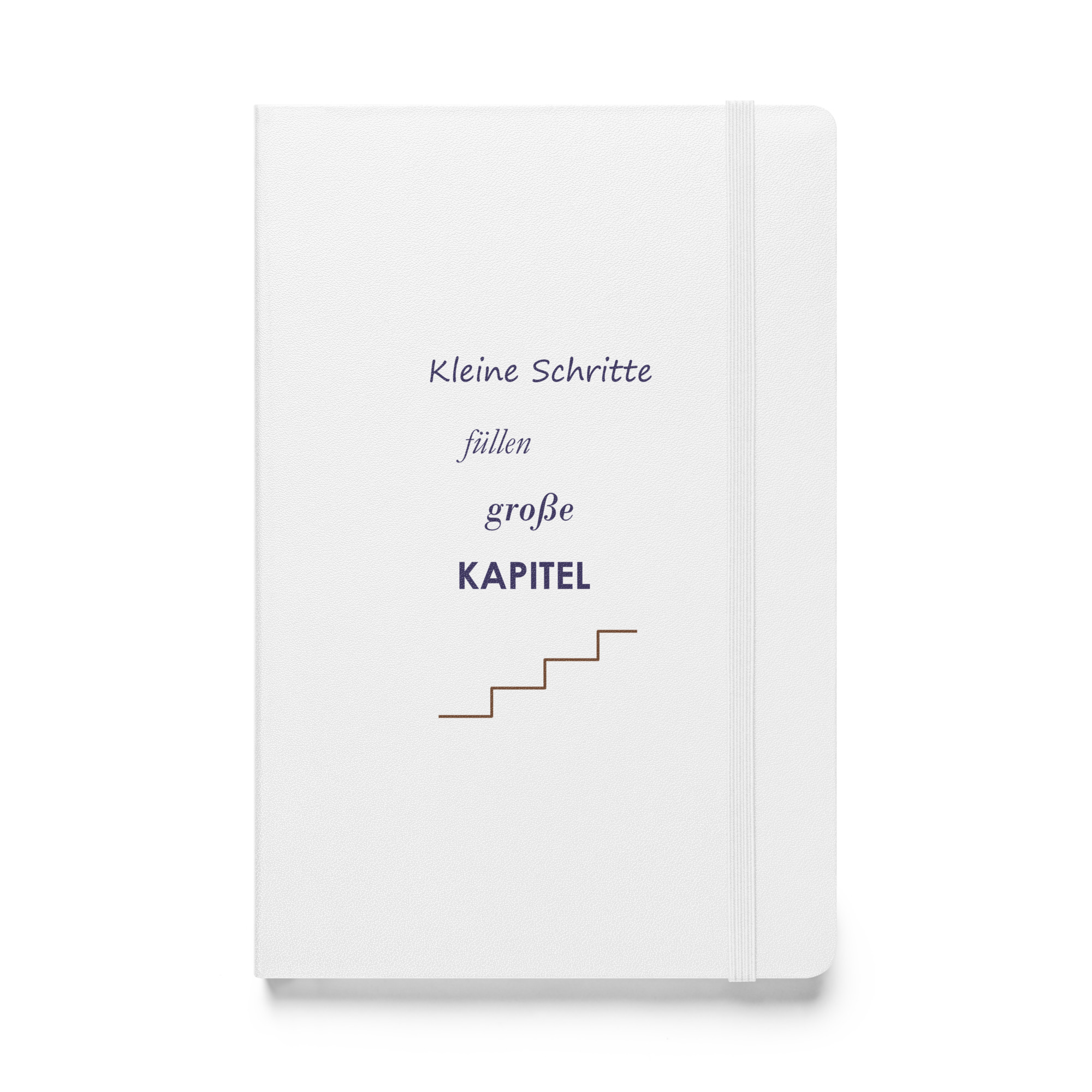 hardcover-bound-notebook-white-front-6ae045e205ee3.jpg Weißes Hardcover-Notizbuch „Kleine Schritte füllen große Kapitel“, Vorderseite
