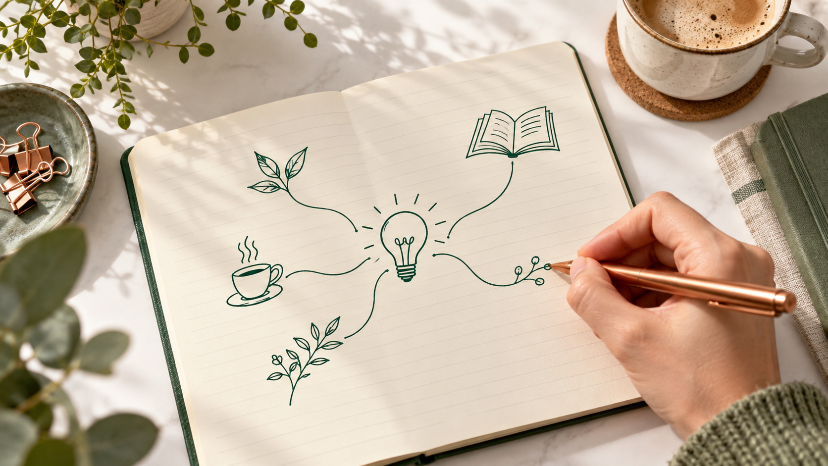 Eine Hand zeichnet mit einem kupferfarbenen Stift eine Mindmap mit Glühbirne, Buch, Blättern und Tasse in ein liniertes Notizbuch.
