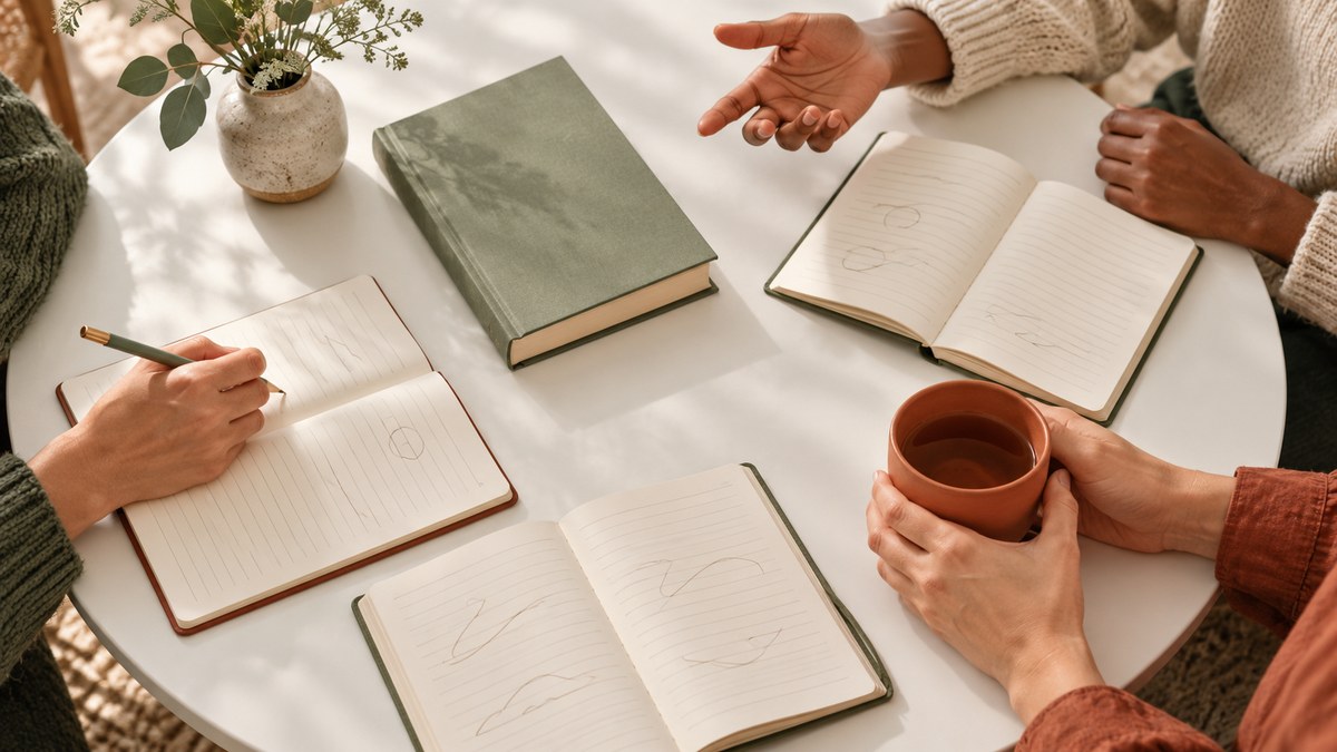 Drei Personen besprechen ein Buch an einem weißen Tisch mit geöffneten Notizbüchern und einer Tasse.