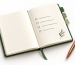Notizbuch führen: Illustration eines offenen linierten Notizbuchs mit Aufgabenfeldern und kupferfarbenem Stift auf weißem Hintergrund.