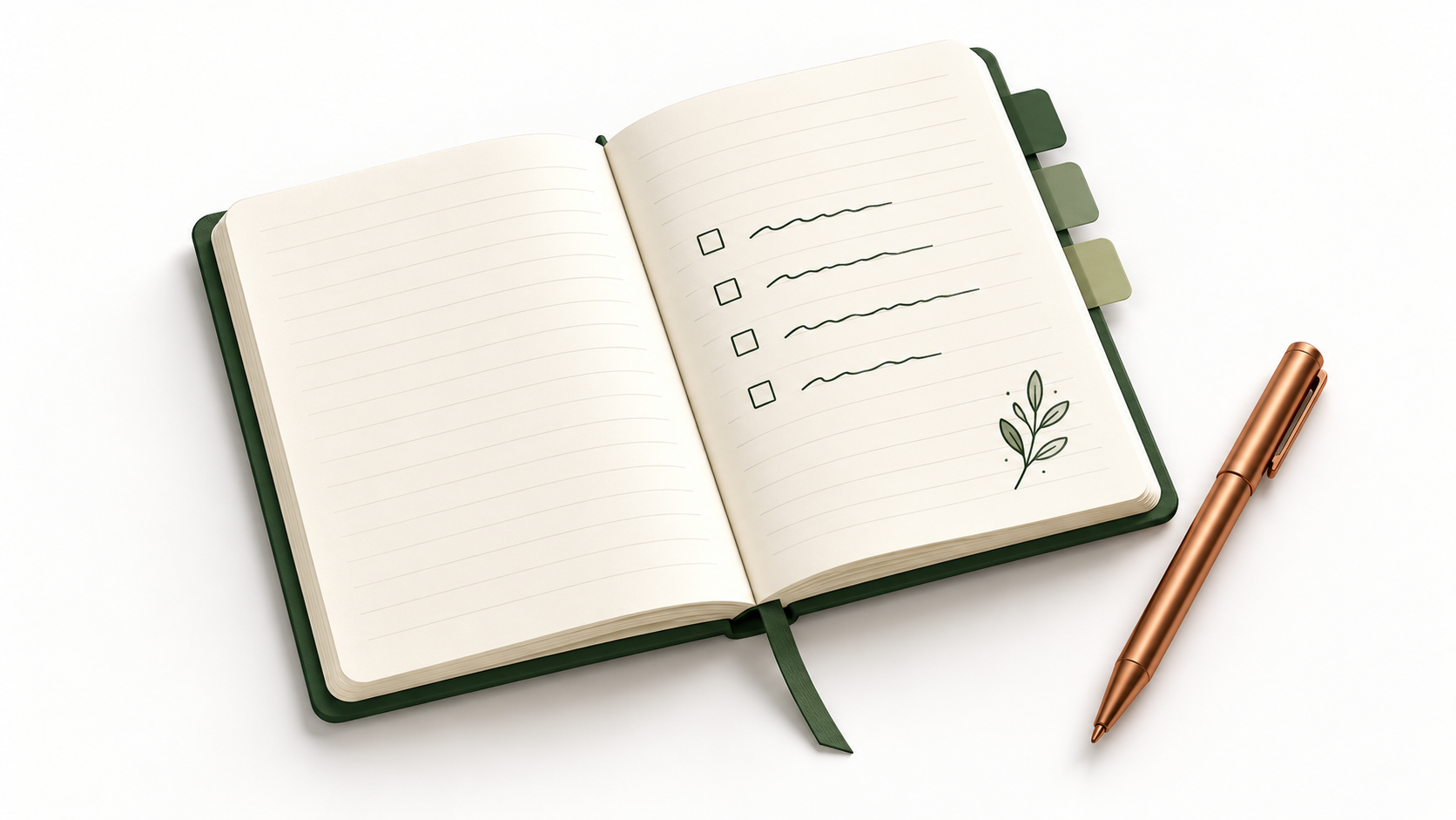 Notizbuch führen: Illustration eines offenen linierten Notizbuchs mit Aufgabenfeldern und kupferfarbenem Stift auf weißem Hintergrund.